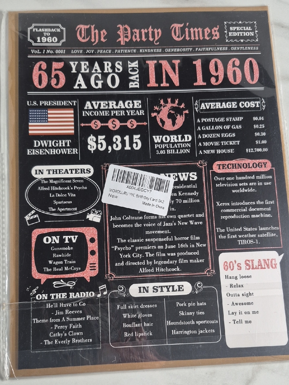 NEW "65th" Birthday Card w/Fun Facts from the Year 1960 w/Gold Envelope